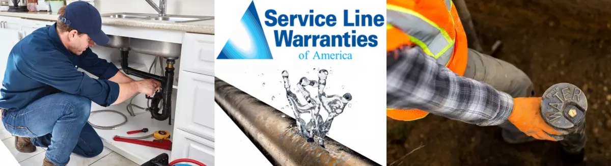 Picture contains repairman, pipe with water leak and logo for American Service Line Warranty