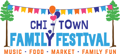 Chi-Town Family Festival logo. Two pine trees with colorful pennants stretched between them.
