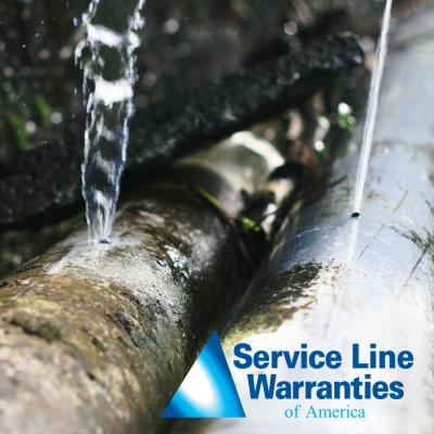 Picture of water pipe with leak and Service Line Warranties logo