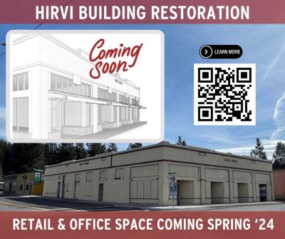 Coming soon poster for the Hirvi building restoration