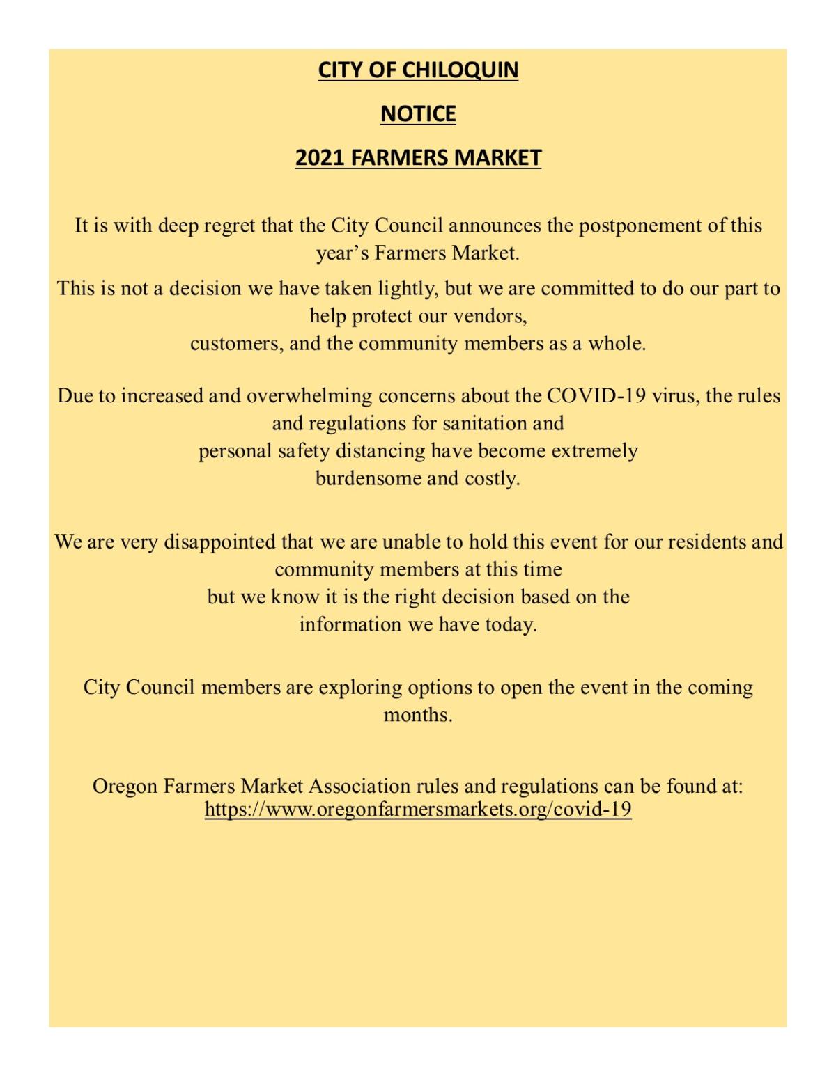 Farm & Craft Market Postponed