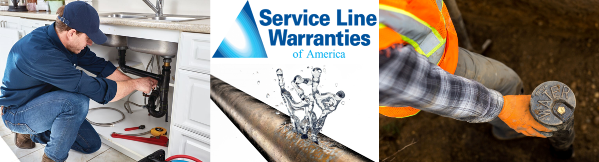 Picture contains repairman, pipe with water leak and logo for American Service Line Warranty